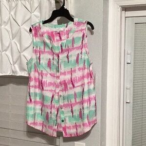 Mint Green and Pink Tie-Dye Sleeveless Button Down Shirt